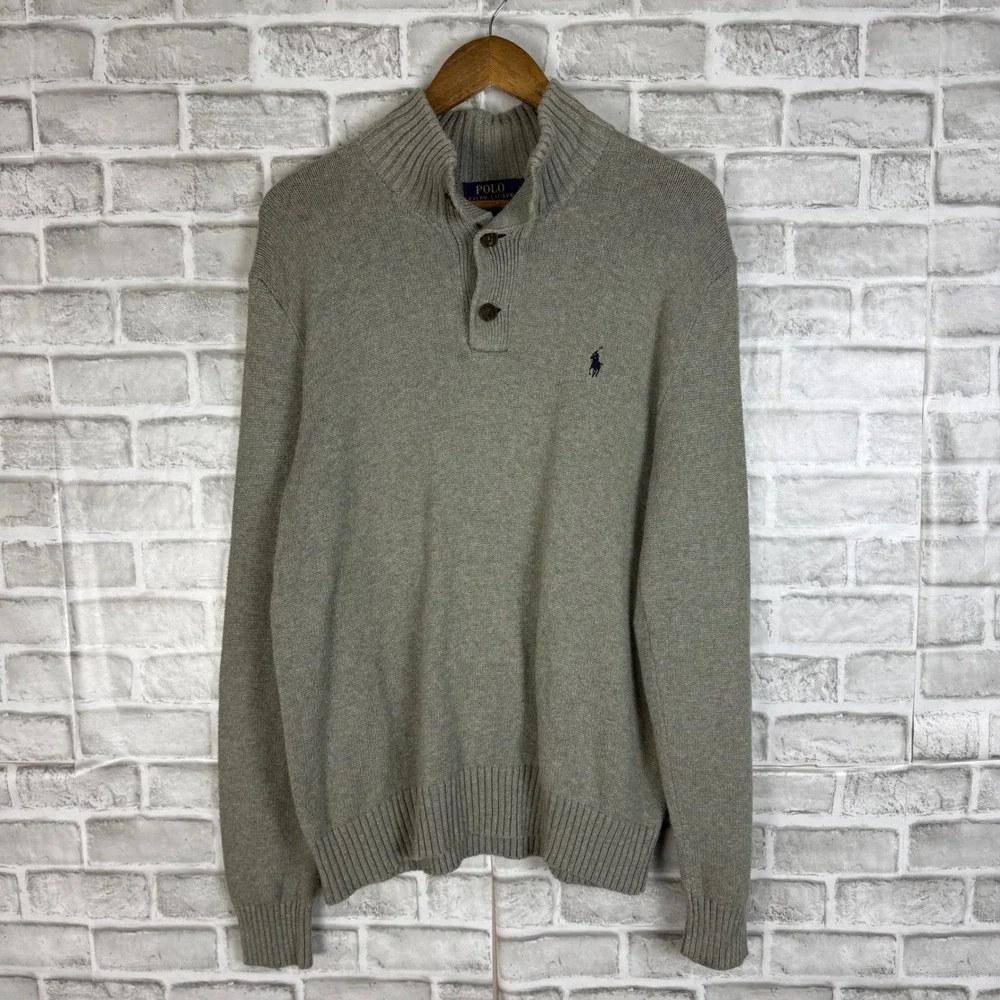 Polo Ralph Lauren Mens Large Grey Cotton Mock Neck Button Sweater Pullover Pony